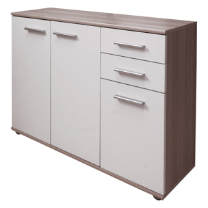 Credenza alta moderna di design a 3 ante e 3 cassetti, Buffet da cucina, Madia con scaffali e ripiani, cm 103x35h70, colore Bianco e Rovere