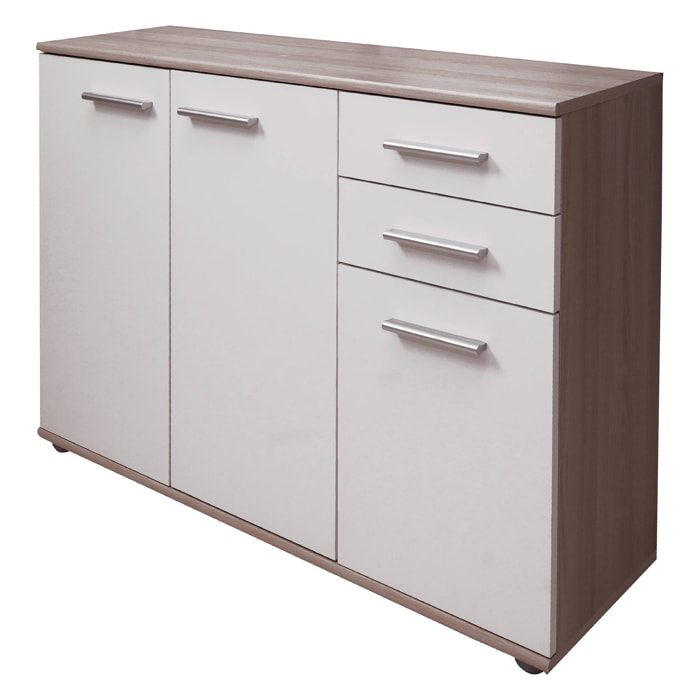 Credenza alta moderna di design a 3 ante e 3 cassetti, Buffet da cucina, Madia con scaffali e ripiani, cm 103x35h70, colore Bianco e Rovere