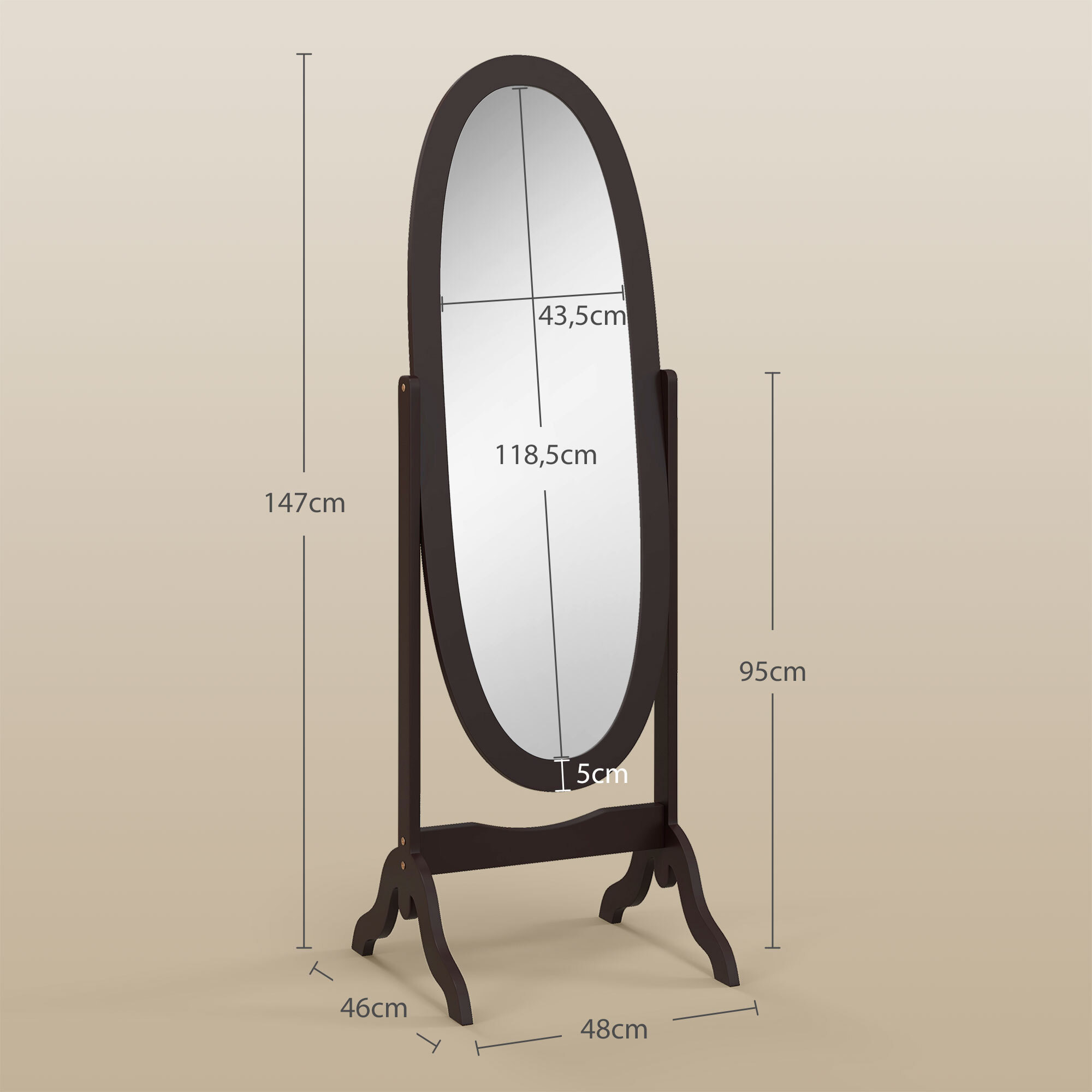 Miroir à pied ovale style shabby chic inclinaison réglable dim. 47L x 45l x 154H cm MDF chocolat