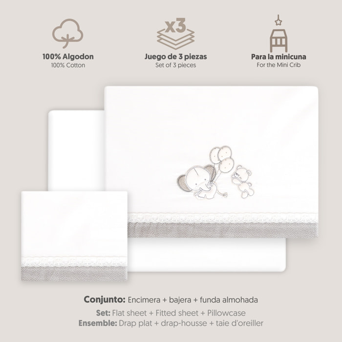 Triptico Minicuna Pasacinta Oso Elefante Globos Bco/Gris