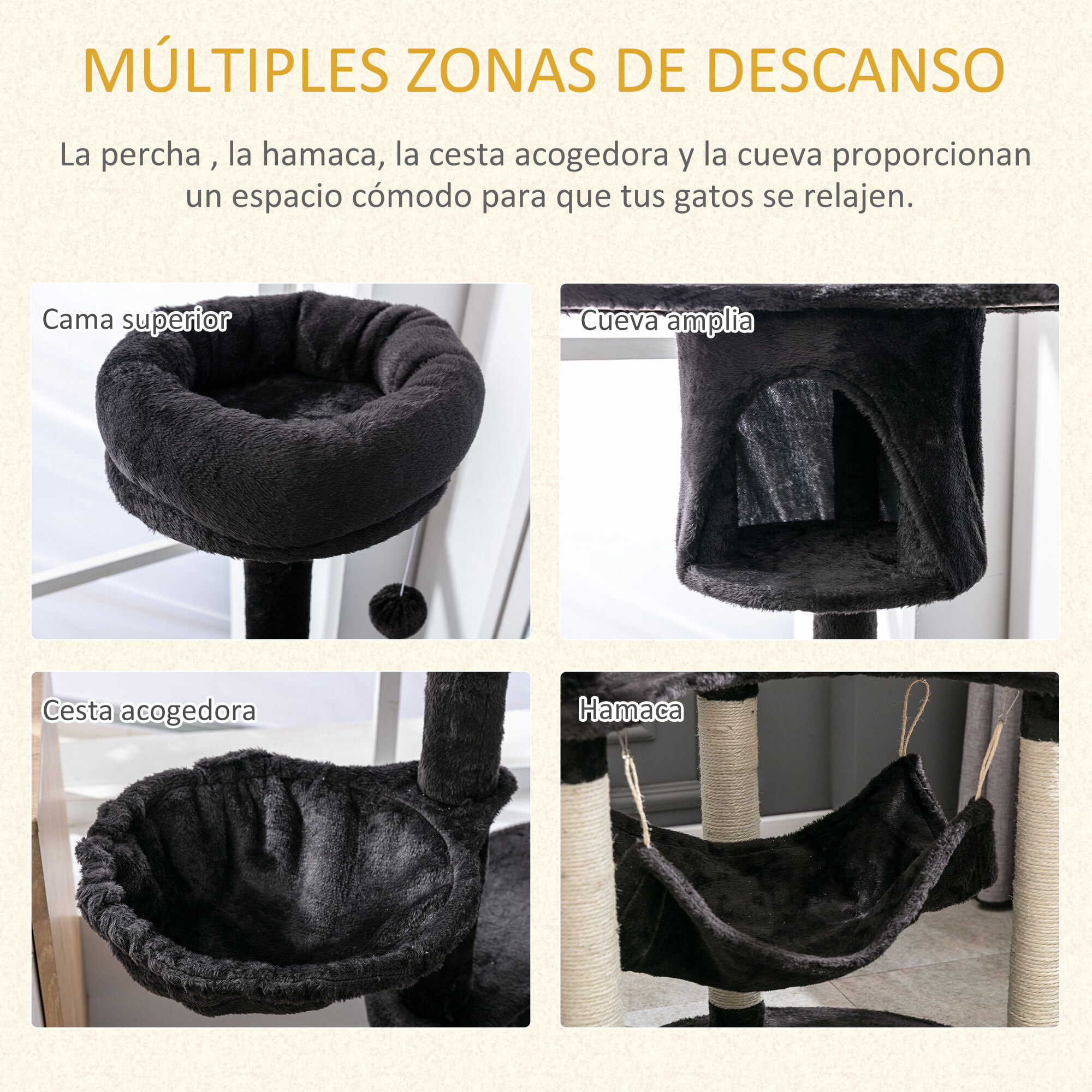 Rascador para Gatos Altura 153cm con Cueva Hamacas Plataformas y Postes de Sisal