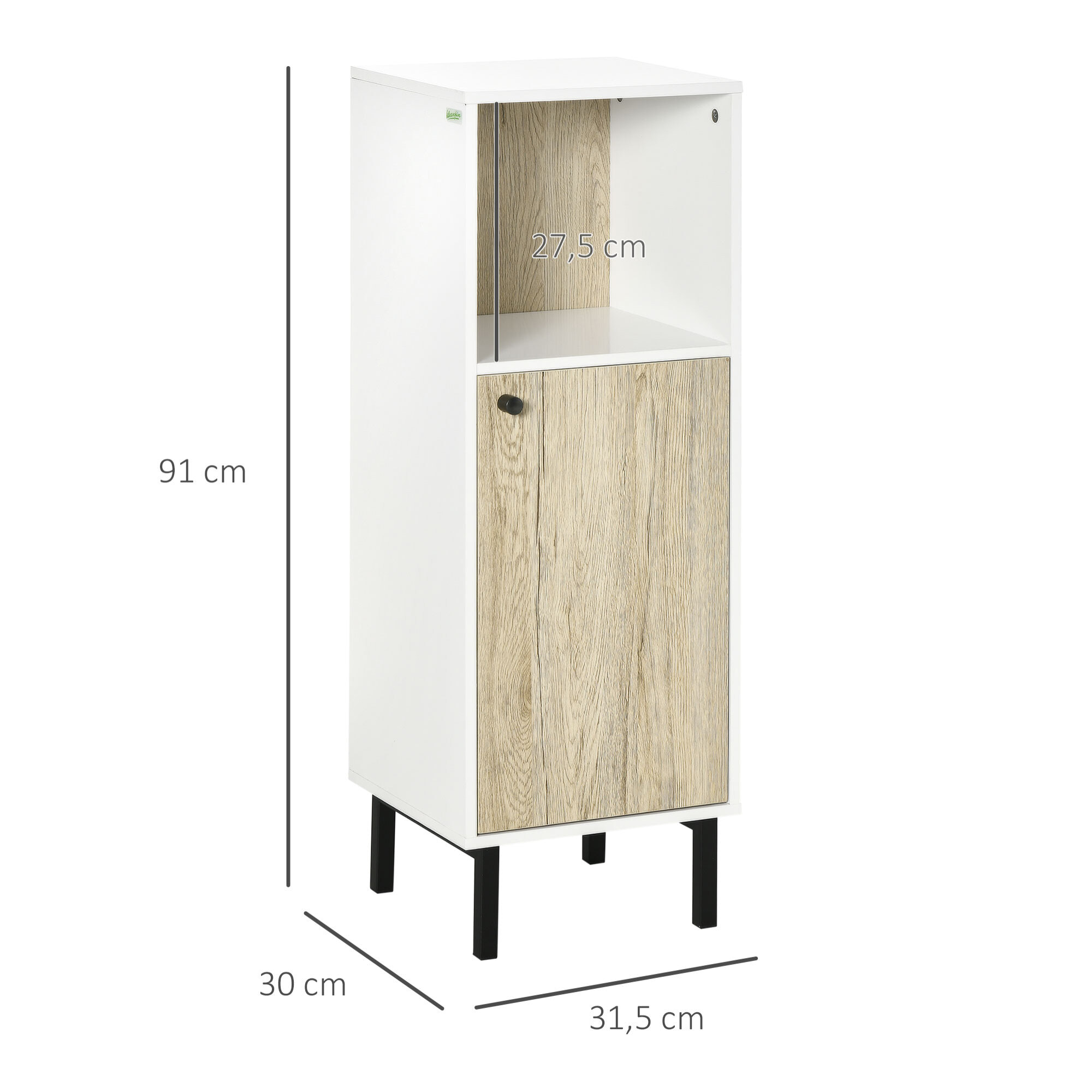 kleankin Armario Auxiliar de Baño Columna Auxiliar de Baño con Puerta Compartimiento Abierto y Patas de Acero para Lavabo Ducha Antivuelco 31,5x30x91 cm Roble y Blanco