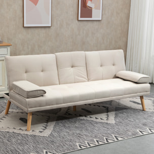 Sofá Cama 3 Plazas, Mesa Abatible con 2 Soportes para Vasos, 181x77x78 cm, Sofá Cama con Respaldo Ajustable, Apertura Clik-Clak, Reposabrazos Desmontables, Patas de Madera, Beige