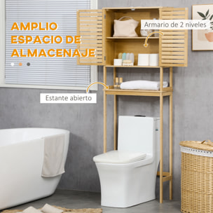 kleankin Mueble de Bambú sobre Inodoro Armario Alto para Lavadora con 2 Puertas 1 Balda Interior y 1 Estante de Almacenaje para Baño 60x23x173 cm Natural