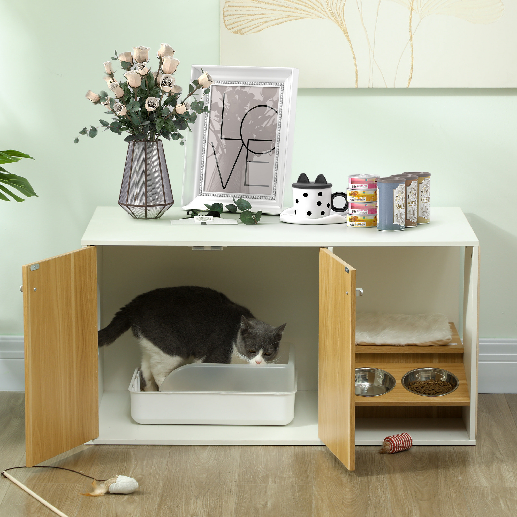 Mueble Arenero para Gatos 3 en 1 Nido Mesa Auxiliar Caja de Arena para Gatos con Puertas Cojín Tazones Estera para Rascar y Compartimento para Salón Dormitorio 95x48x50,5 cm Blanco y Roble