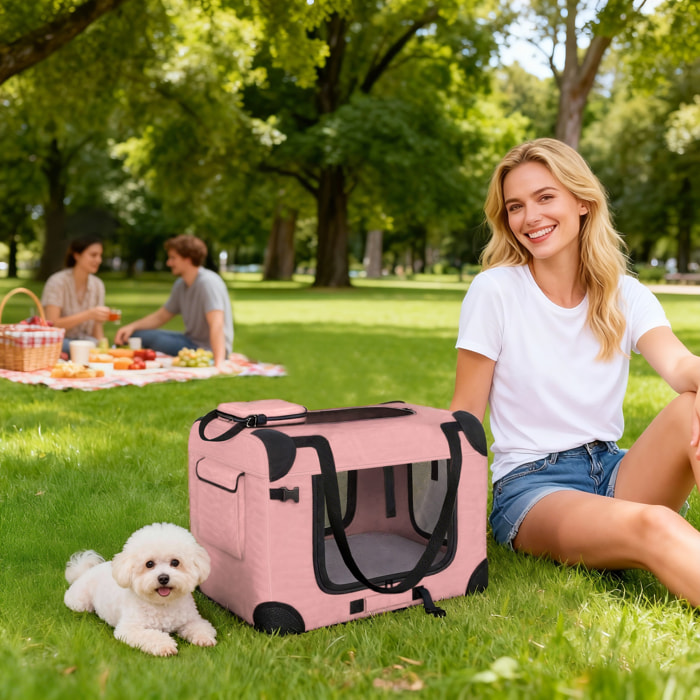 Transportín para Perros Plegable, 60x41,5x41 cm, Transportín para Mascotas con Ventanas de Malla, Cojín Suave, y 2 Asas, Bolsa de Transporte para Mini Perros, Gatos, Rosa