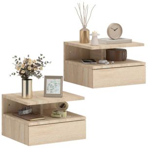 Juego de 2 Mesitas de Noche Flotantes con Cajón, Mesillas de Noche Dormitorio, Montado en la Pared, Estilo Moderno, para Sala de Estar, 35x32x22,5 cm, Roble