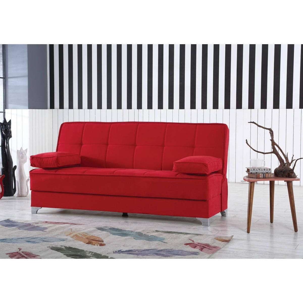 Divano letto Carlos, Divano letto contenitore lineare con 2 cuscini inclusi, Sofà da soggiorno in tessuto imbottito con apertura click-clack, 190x87xh91 cm, Rosso