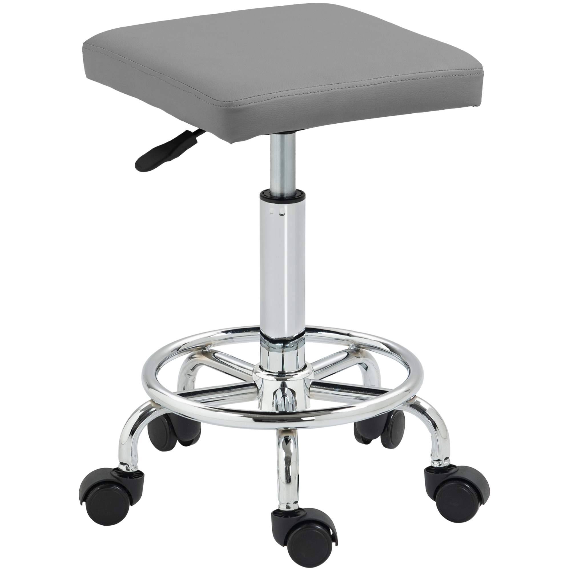 Taburete Giratorio Taburete con Ruedas Altura Regulable 50-66 cm Asiento Tapizado de Cuero Sintético Reposapiés para Salones y Talleres Gris