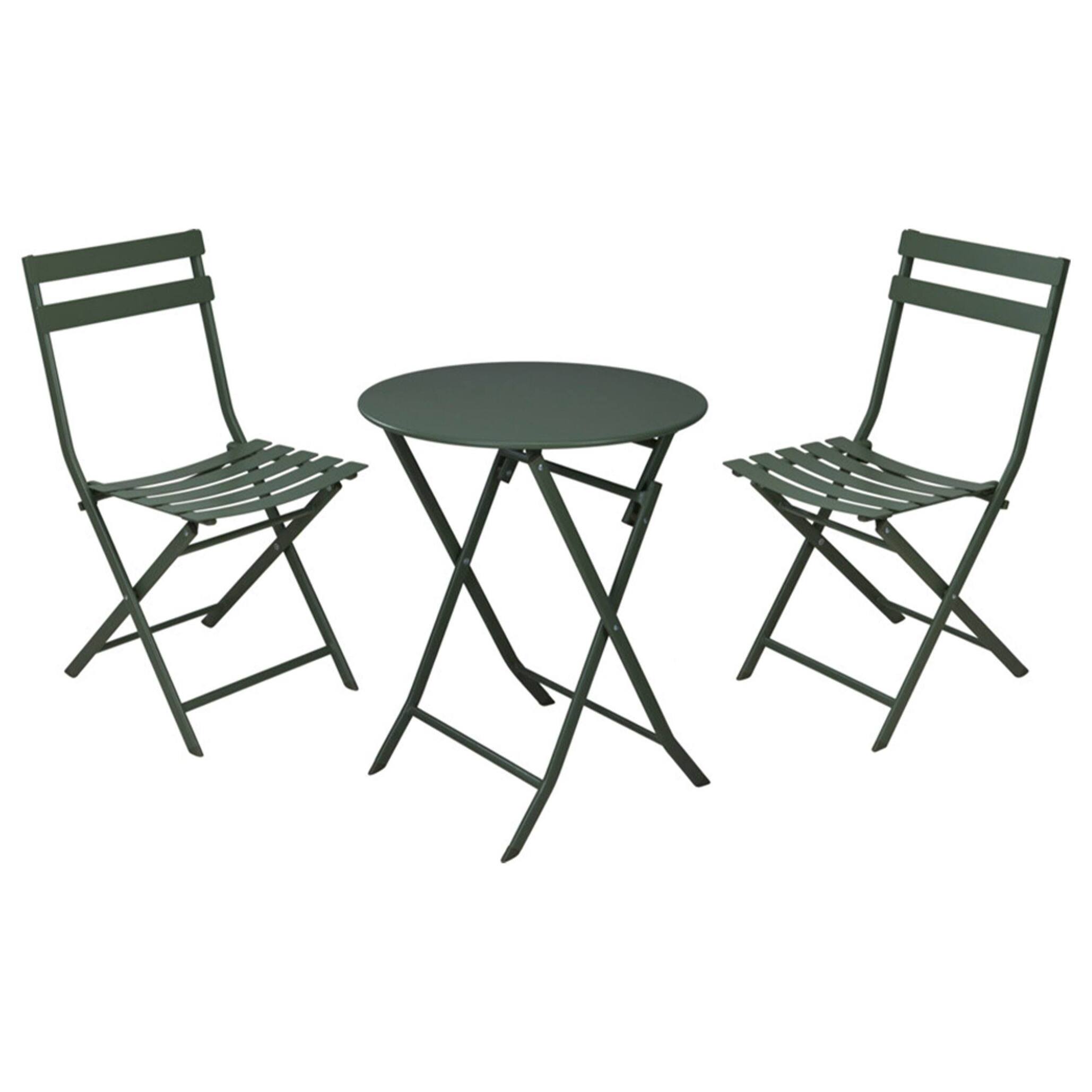 Set bistro plegable de 3 piezas (mesa 60cm + 2 sillas) en acero y verde mate, compacto para balcón
