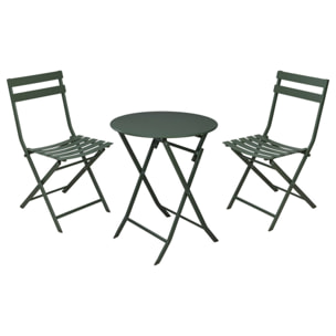 Set bistro plegable de 3 piezas (mesa 60cm + 2 sillas) en acero y verde mate, compacto para balcón