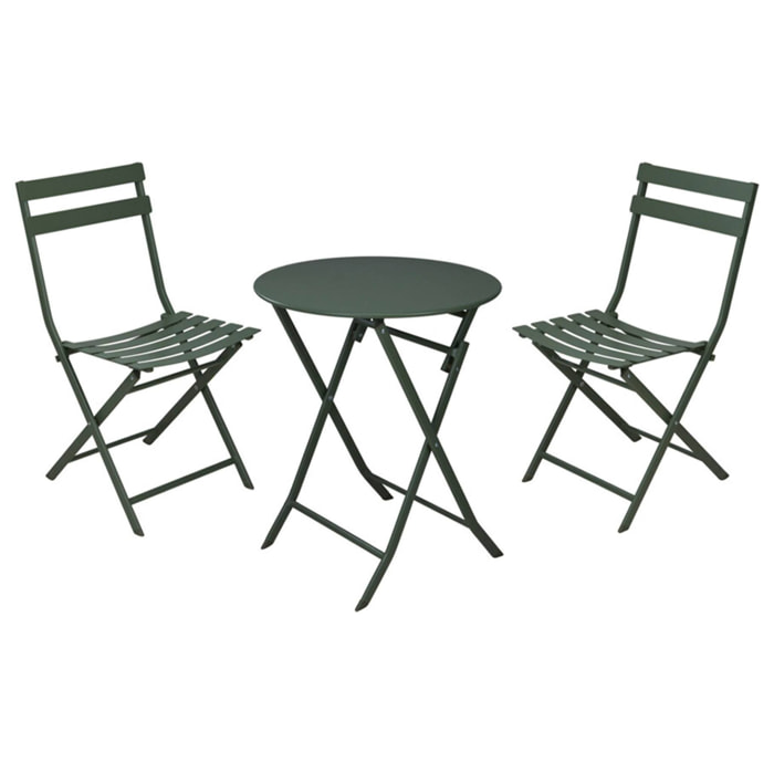 Set bistro plegable de 3 piezas (mesa 60cm + 2 sillas) en acero y verde mate, compacto para balcón