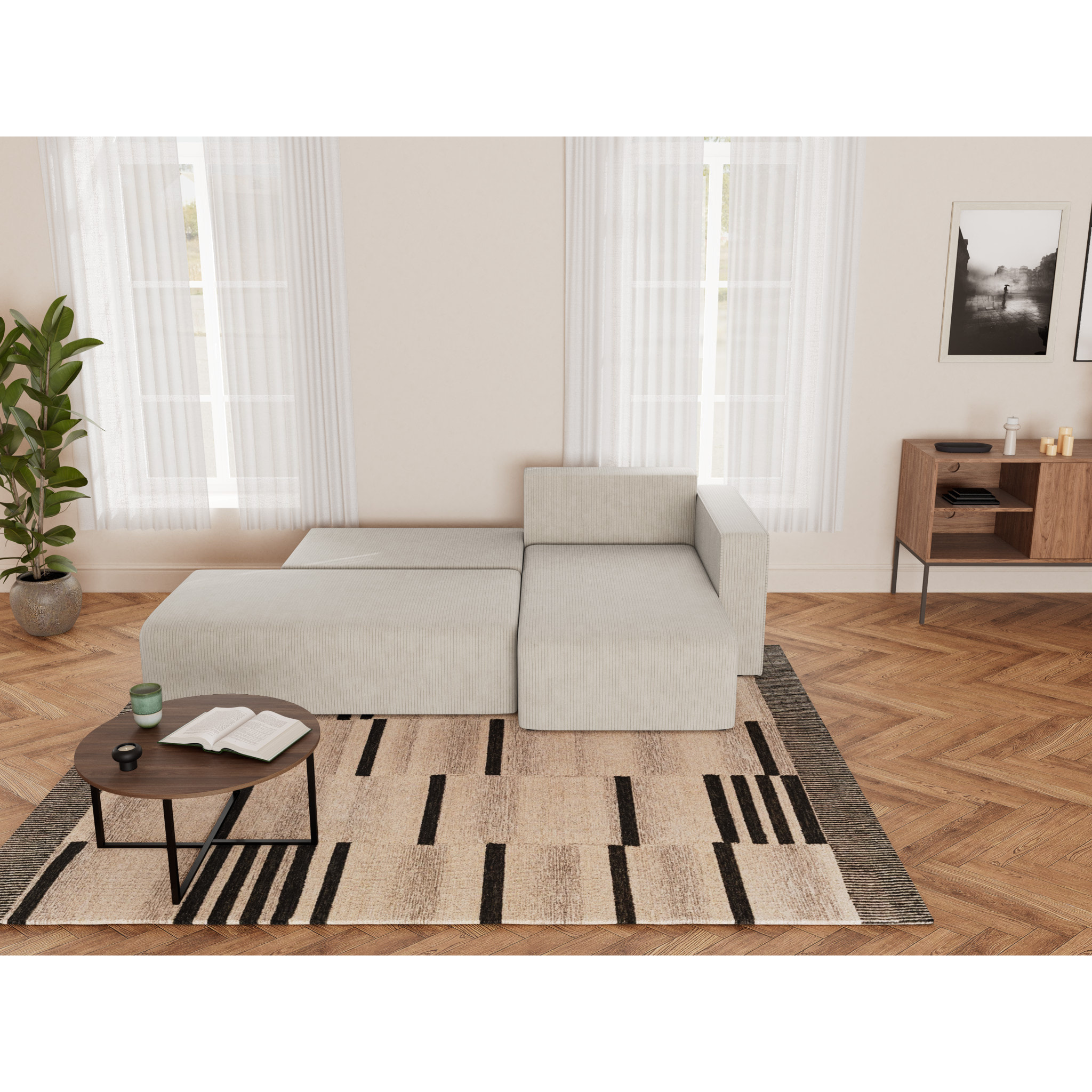 Topaze - canapé d'angle droit 4 places convertible avec coffre sans accoudoir en velours côtelé - Beige