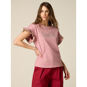 Oltre - T-shirt in cotone con cristalli e rouches - Rosa