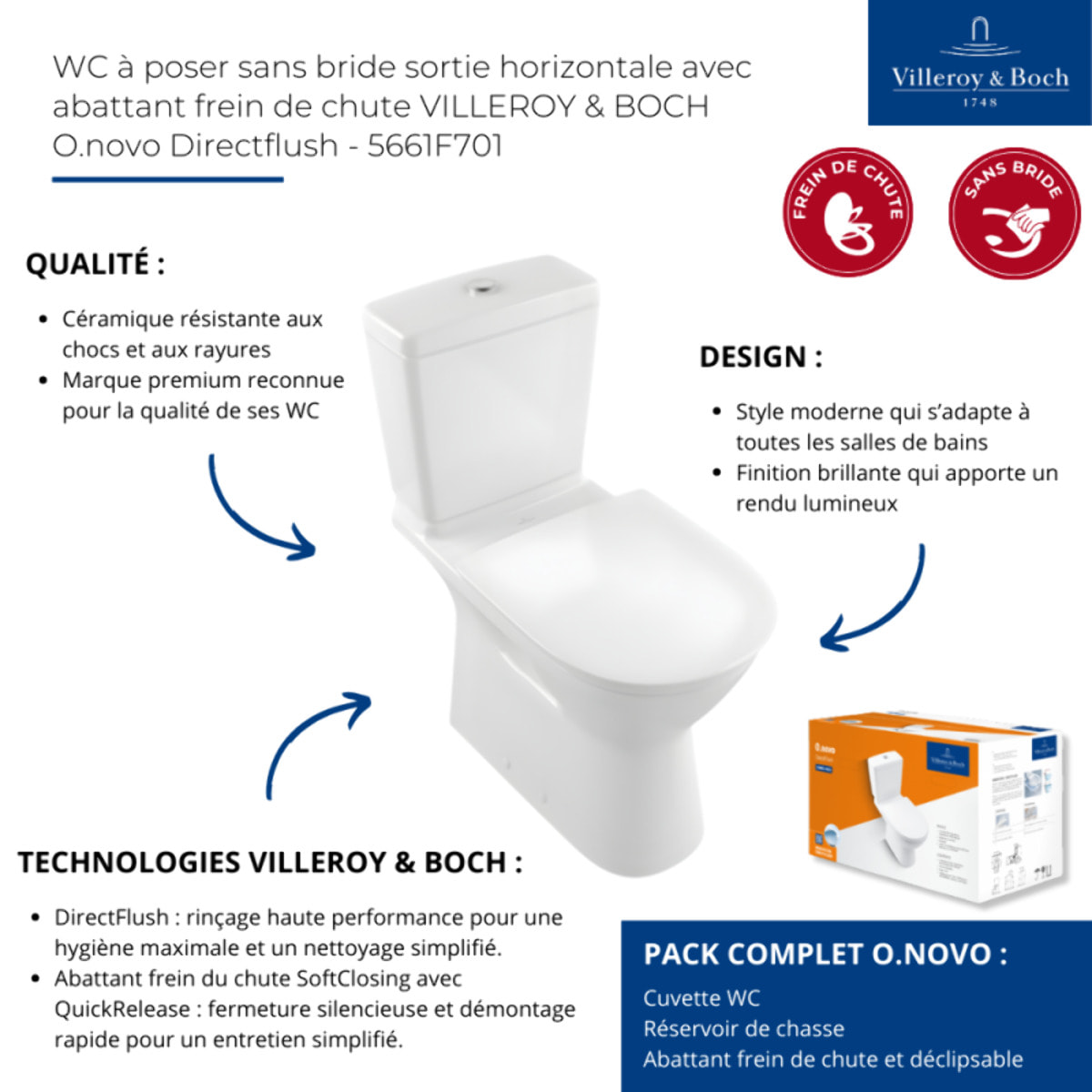 WC à poser sans bride sortie horizontale avec abattant frein de chute VILLEROY & BOCH O.novo Directflush