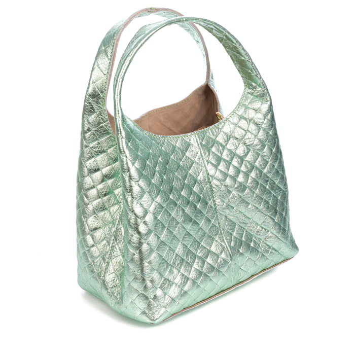 Aversa bolso bandolera mujer. Piel auténtica Gamuza con grabado entrelazado y lacada brillante.