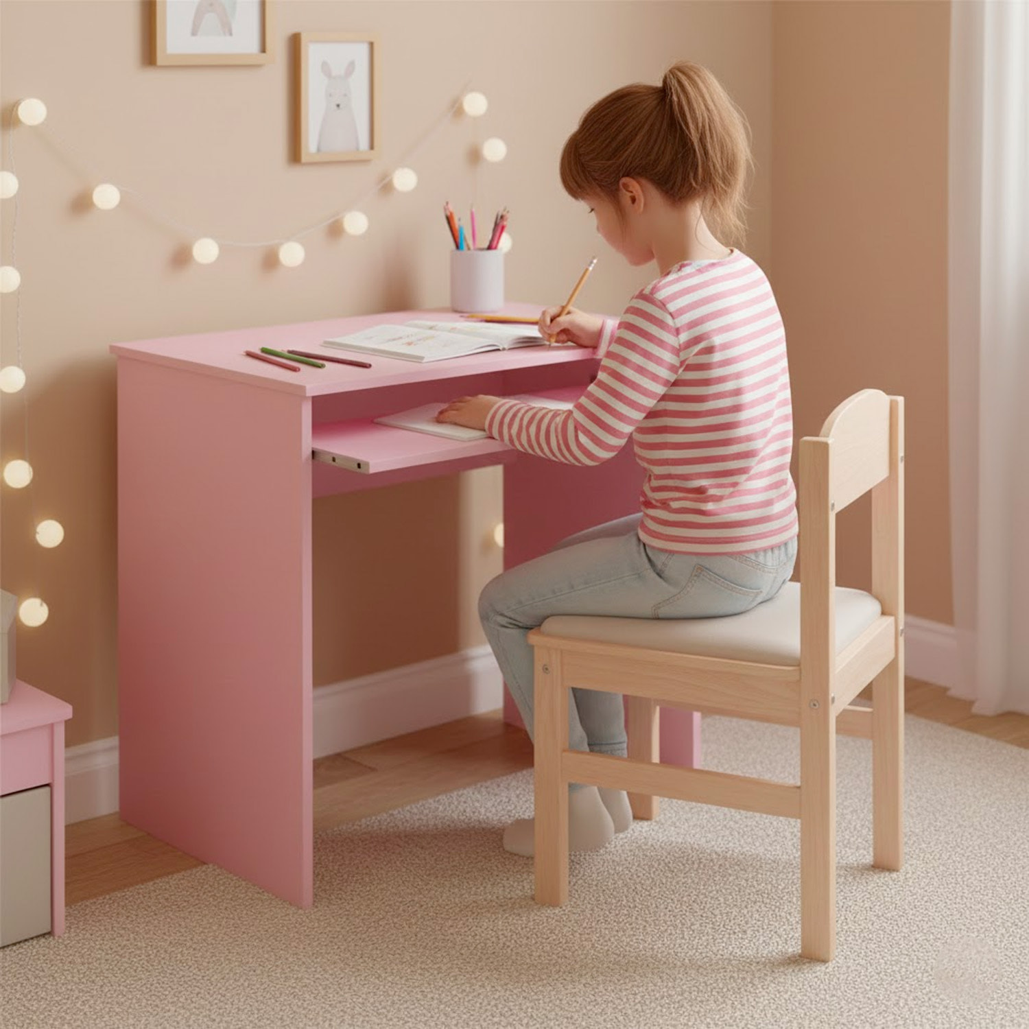 Scrivania Per Cameretta Postazione Desk PC Studio Ufficio Design Moderno Piano Scorrevole Piedini ABS Per Studio Compiti E Lavoro 90 x 54 x 79 Cm Rosa