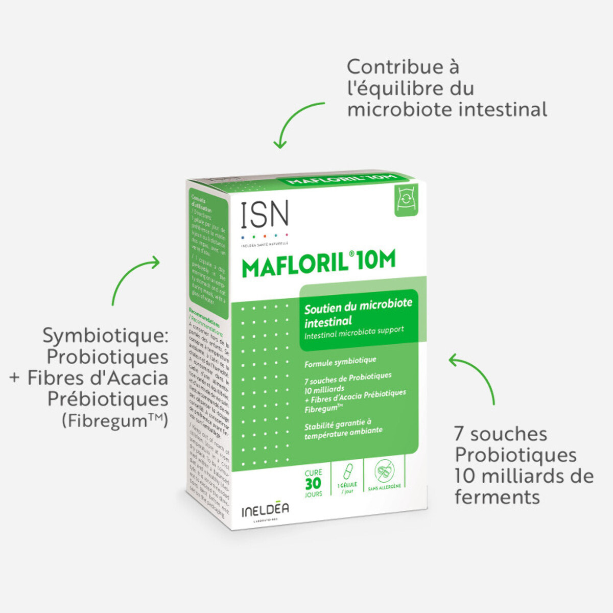 ISN - Mafloril 10M - Complément alimentaire à base de Probiotiques et Fibres d?Acacia Prébiotique - 7 souches probiotiques + fibres prébiotiques - Soutien du microbiote intestinal - Cure 30 jours