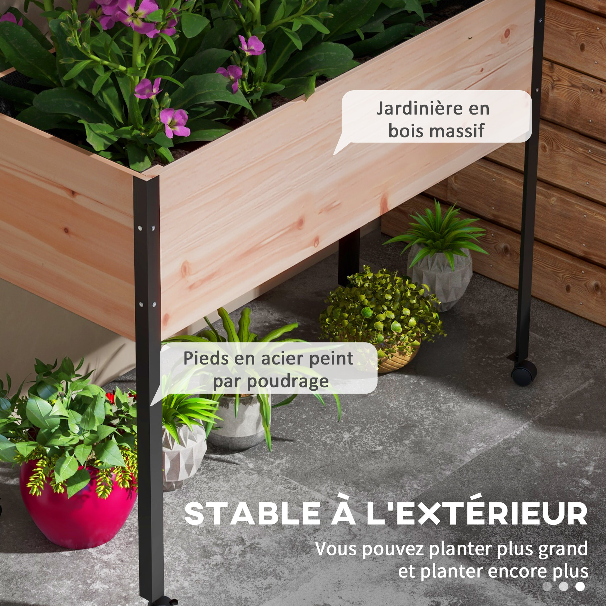 Jardinière sur pied - potager sur roulettes - inserts d'irrigation, feutre drainage inclus - acier bois sapin pré-huilé