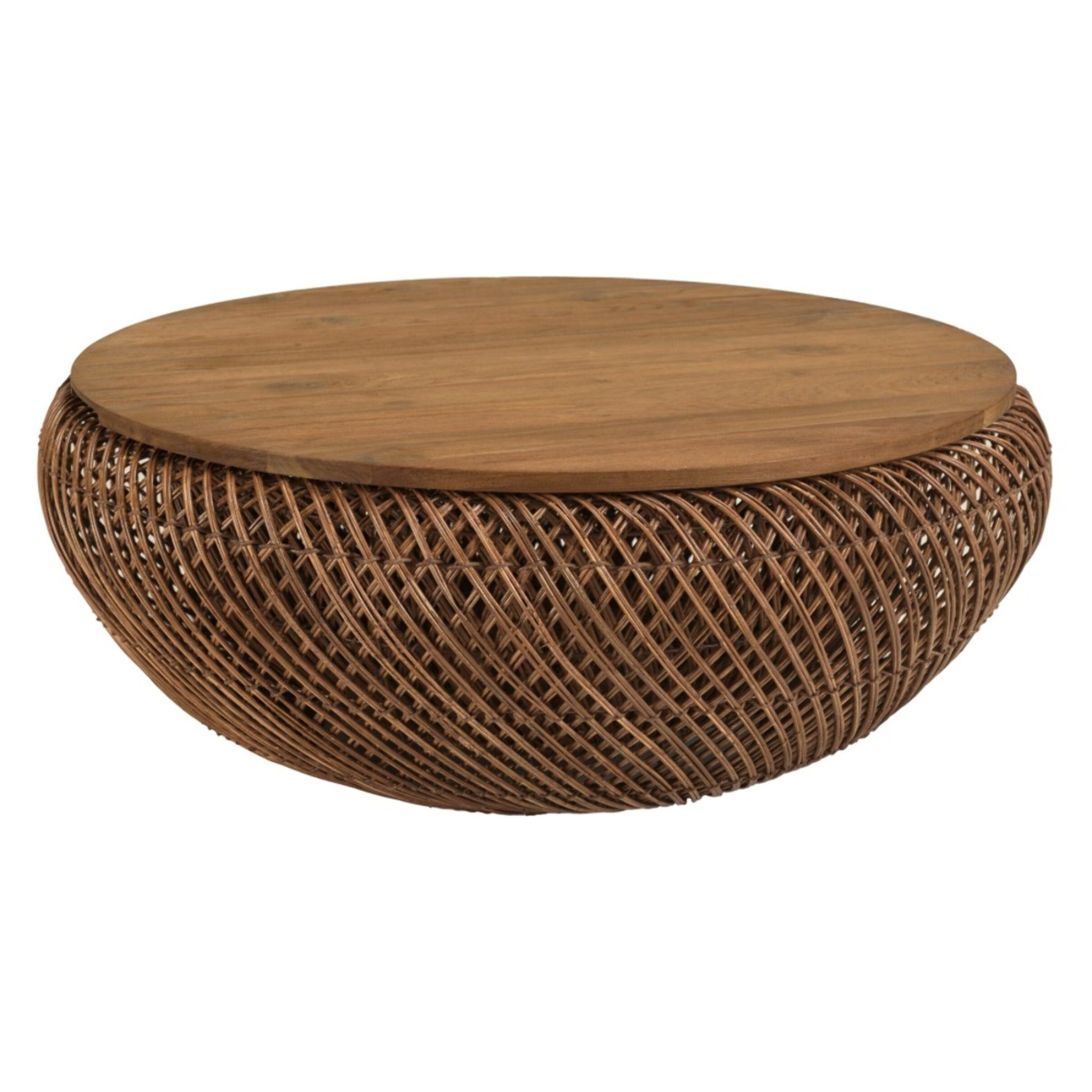 SIXTINE - Table basse en rotin couleur marron et bois de teck recyclé D80cm