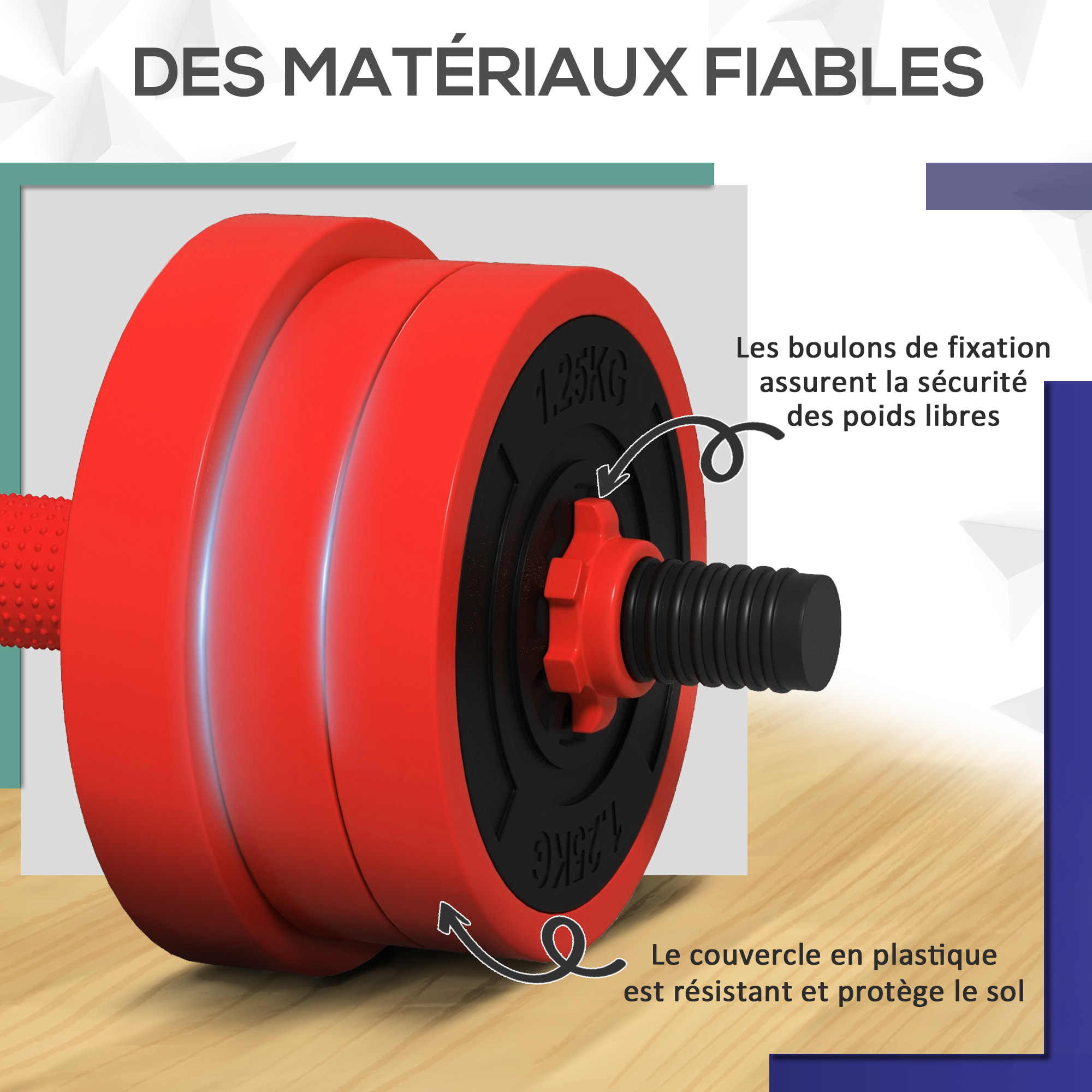 Kit haltères musculation réglables 4 en 1 - total 20 Kg - disques, barres, clips de sécurité inclus - noir rouge
