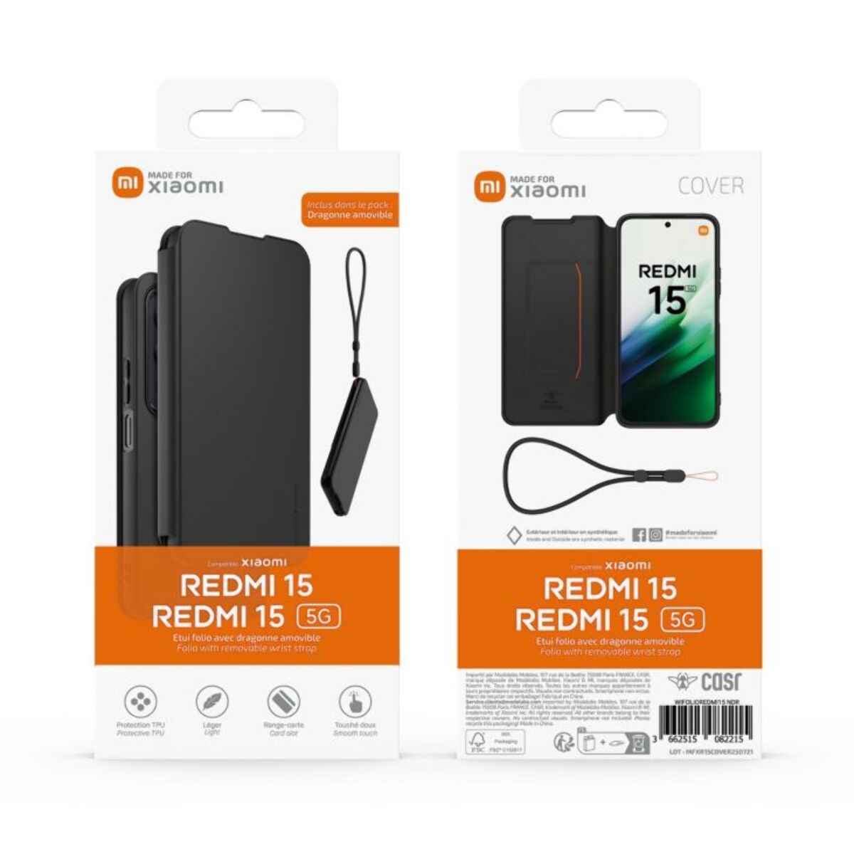 Etui avec cordon MADE FOR XIAOMI Redmi 15 5G folio Noir + dragonne