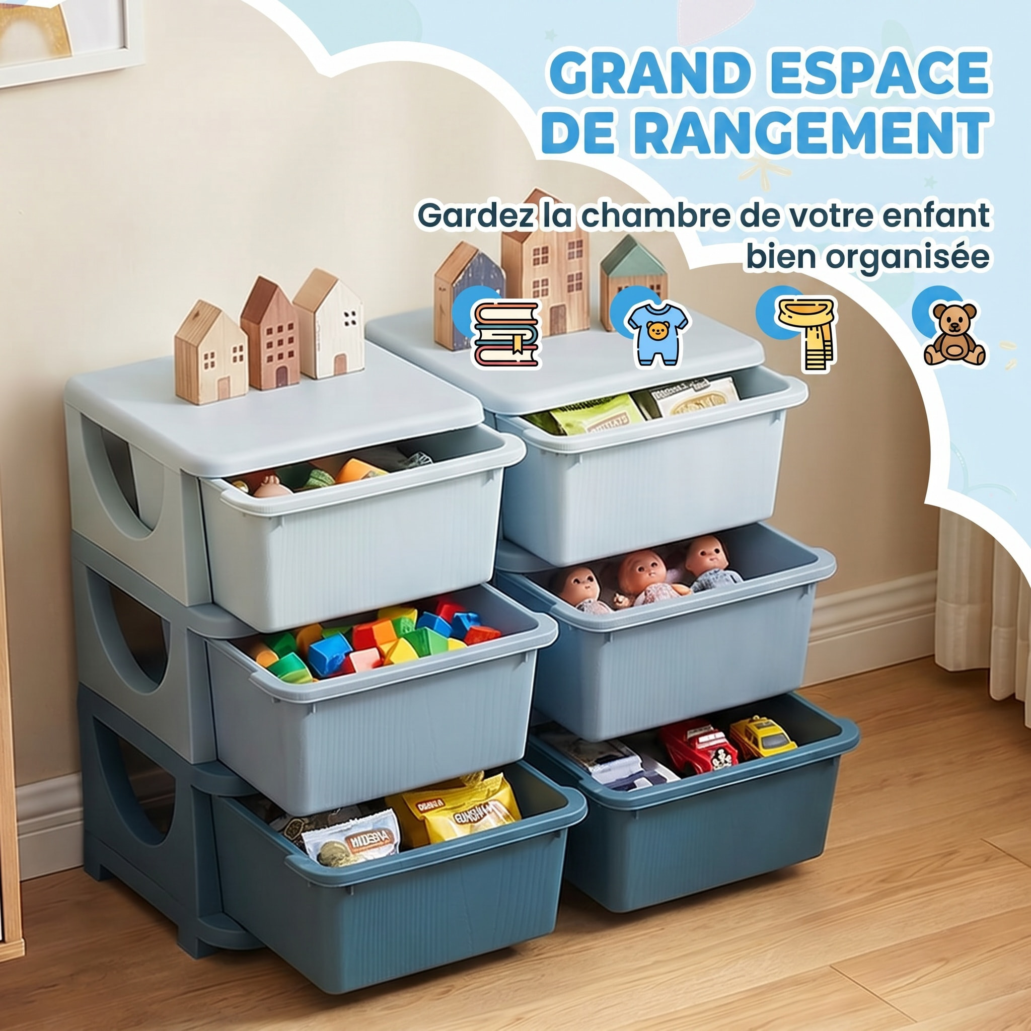 Organisateur de jouets enfant 6 tiroirs 3 niveaux bleu