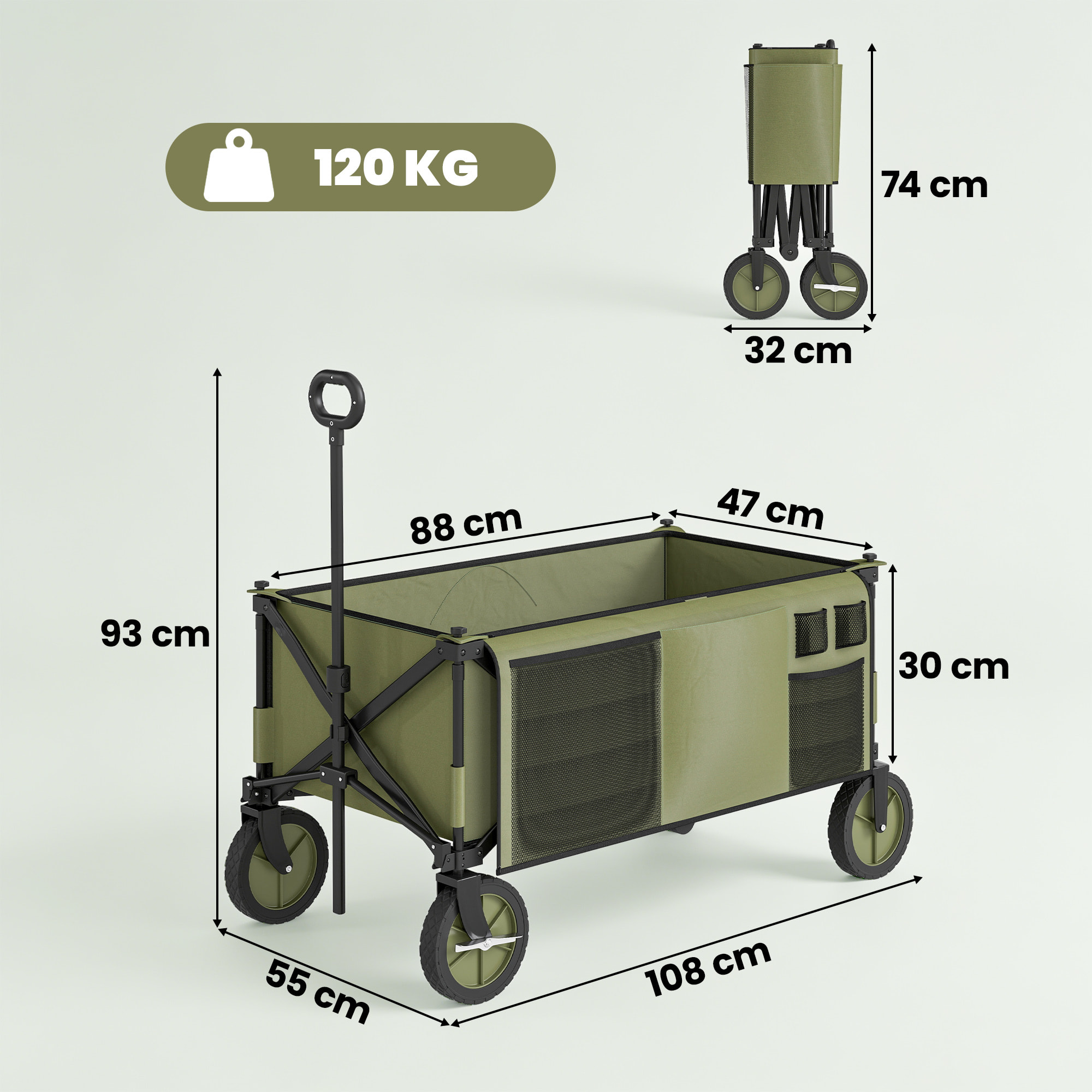 Carro Plegable de Jardín con Ruedas Carro para Playa con Mango Telescópico Tablero Plegable 5 Bolsas Marco de Acero Carga 100 kg para Compra Patio 108x55x93 cm Verde