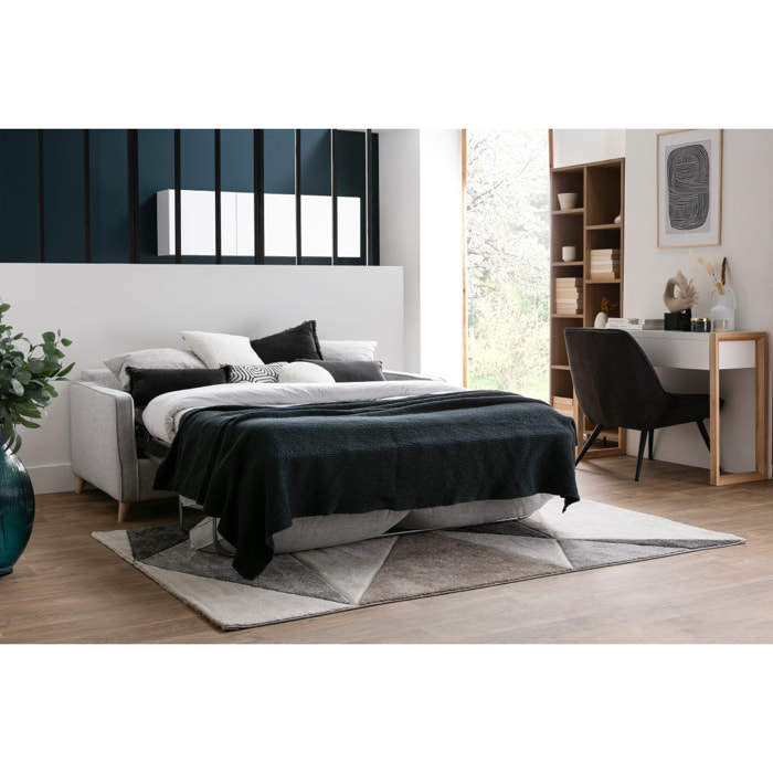 Canapé convertible scandinave 3 places en tissu gris clair et bois clair avec matelas 10 cm PAPEL