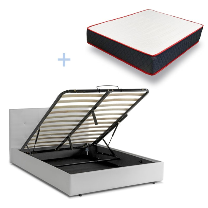 Ensemble lit coffre Venise & Matelas | Mémoire de Forme et Mousse aérée SYSTEME AIR-V | Espace de Stockage jusqu'à 900 L | Simili cuir | Blanc