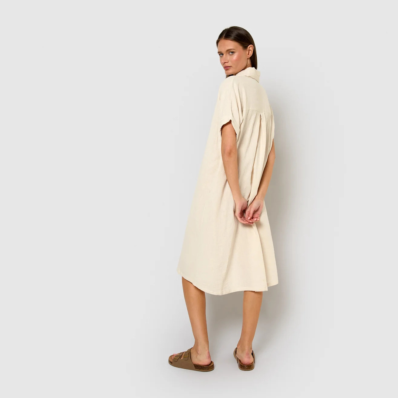 Vestido midi manga fluida muselina blanco