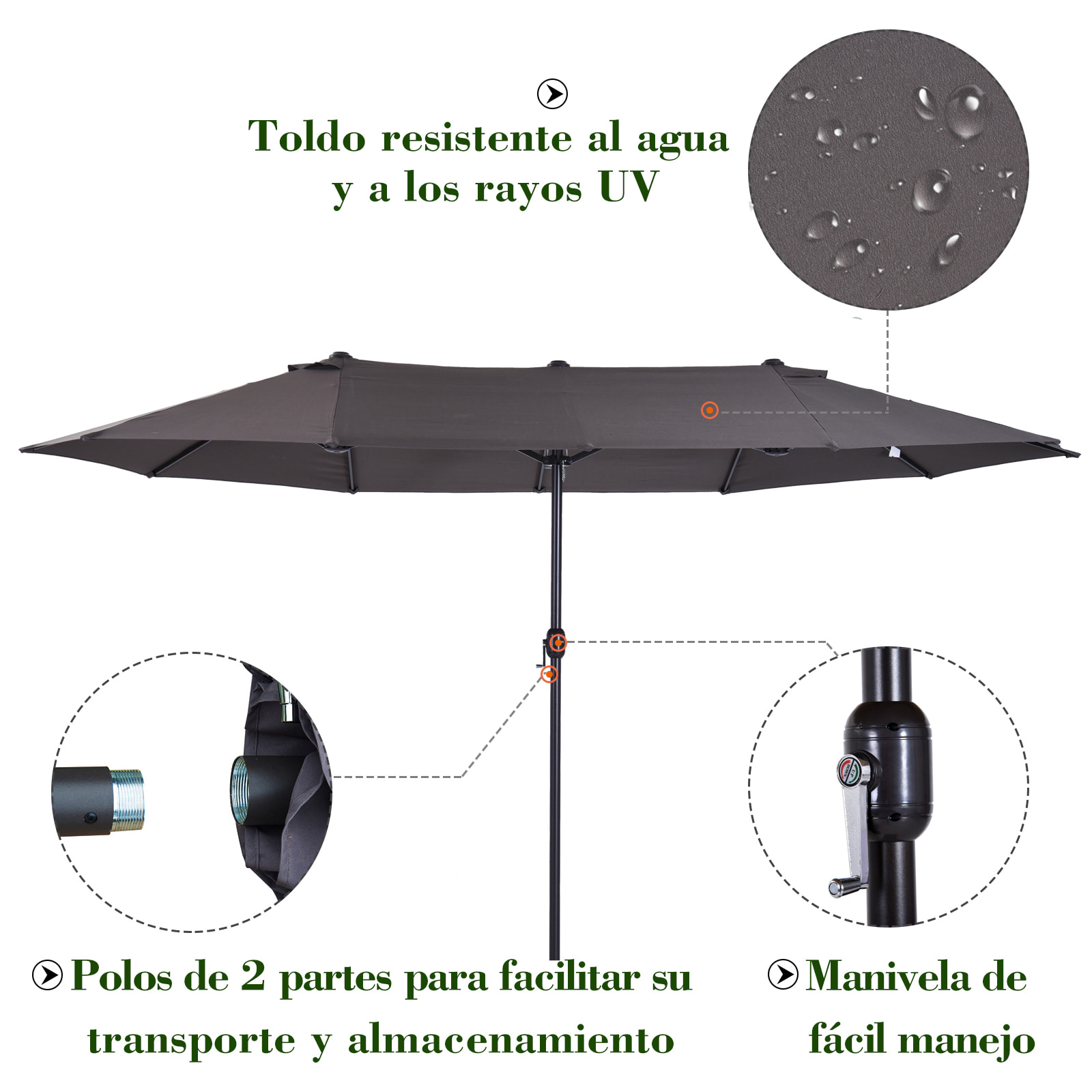 Sombrilla Doble de Tela de Poliéster 4.6x2.7x2.4m Gris