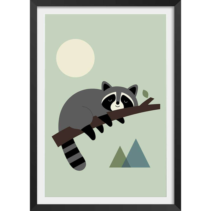 Affiche enfant raton sur sa branche  Affiche + cadre en bois - Noir