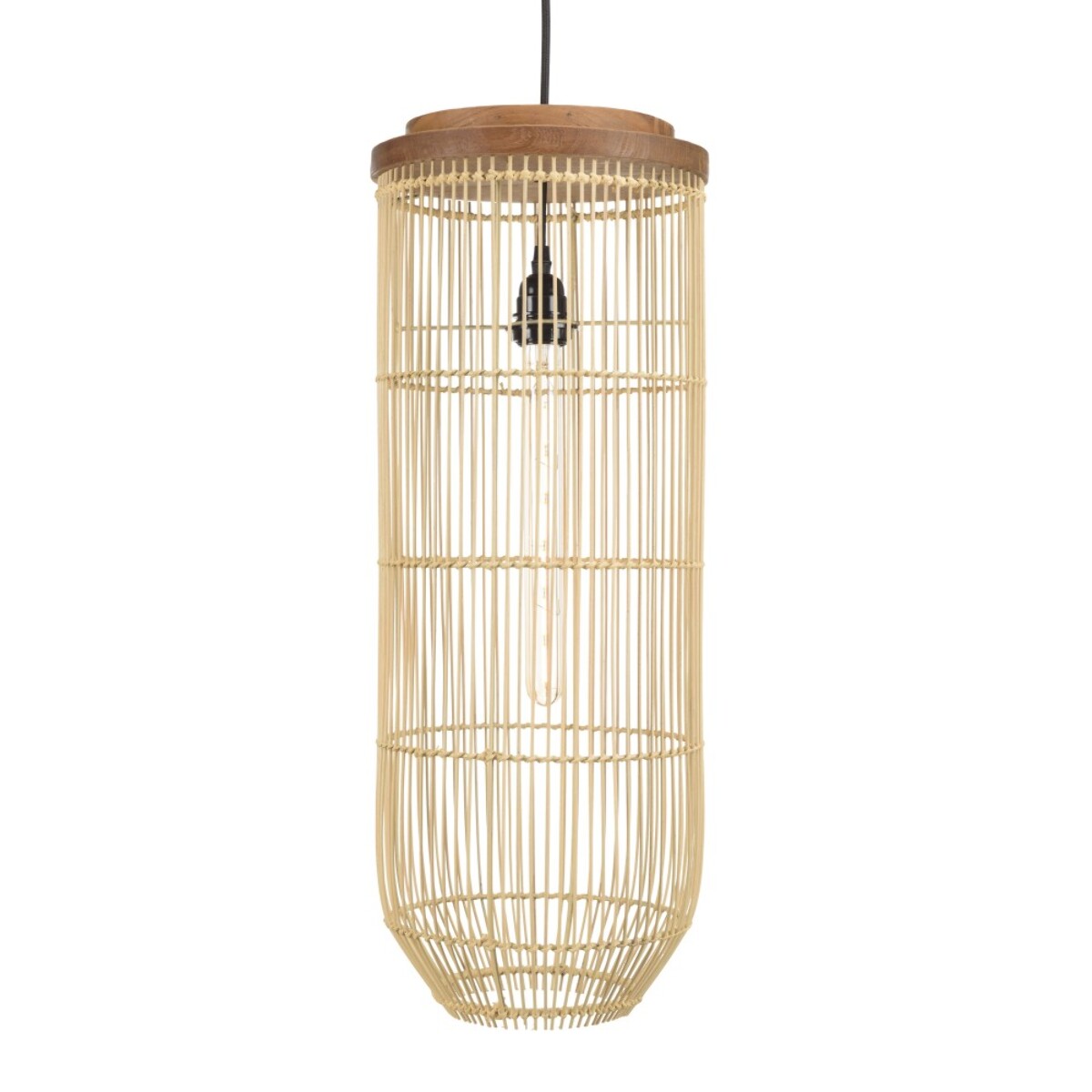 SIXTINE - Suspension 'longue' 25x25cm rotin couleur naturelle et teck