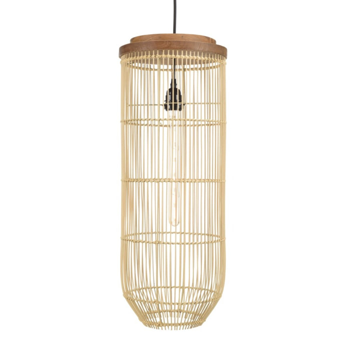 SIXTINE - Suspension 'longue' 25x25cm rotin couleur naturelle et teck