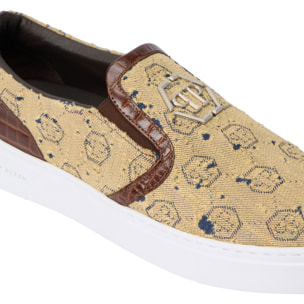 PHILIPP PLEIN Slip On Sneakers Denim Jacquard Monogram
