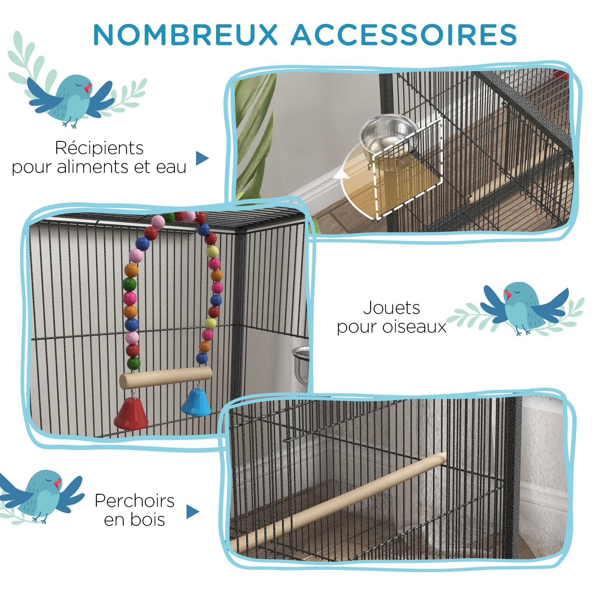 Cage à oiseaux sur roulettes - volière mobile - nombreux accessoires - dim. 48x46x74cm - acier époxy gris noir