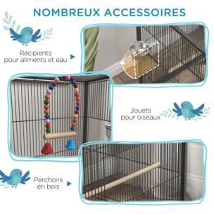 Cage à oiseaux sur roulettes - volière mobile - nombreux accessoires - dim. 48x46x74cm - acier époxy gris noir