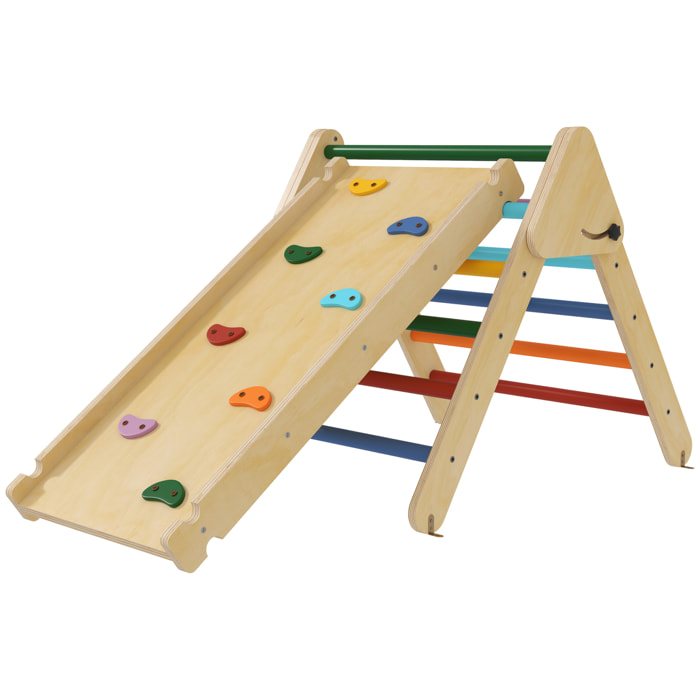 Ensemble d'escalade en bois 3 en 1 - triangle Pikler, toboggan, rampe - panneaux bois pin multicolore