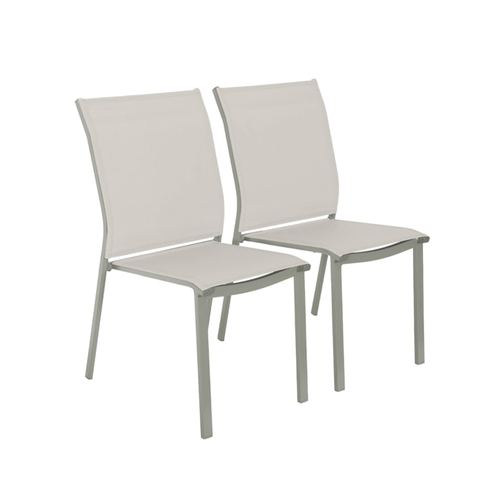 Lot de 2 chaises de jardin CLEVELAND empilables aluminium et textilene kaki. 64.5 x 45.5 x 89.5 cm