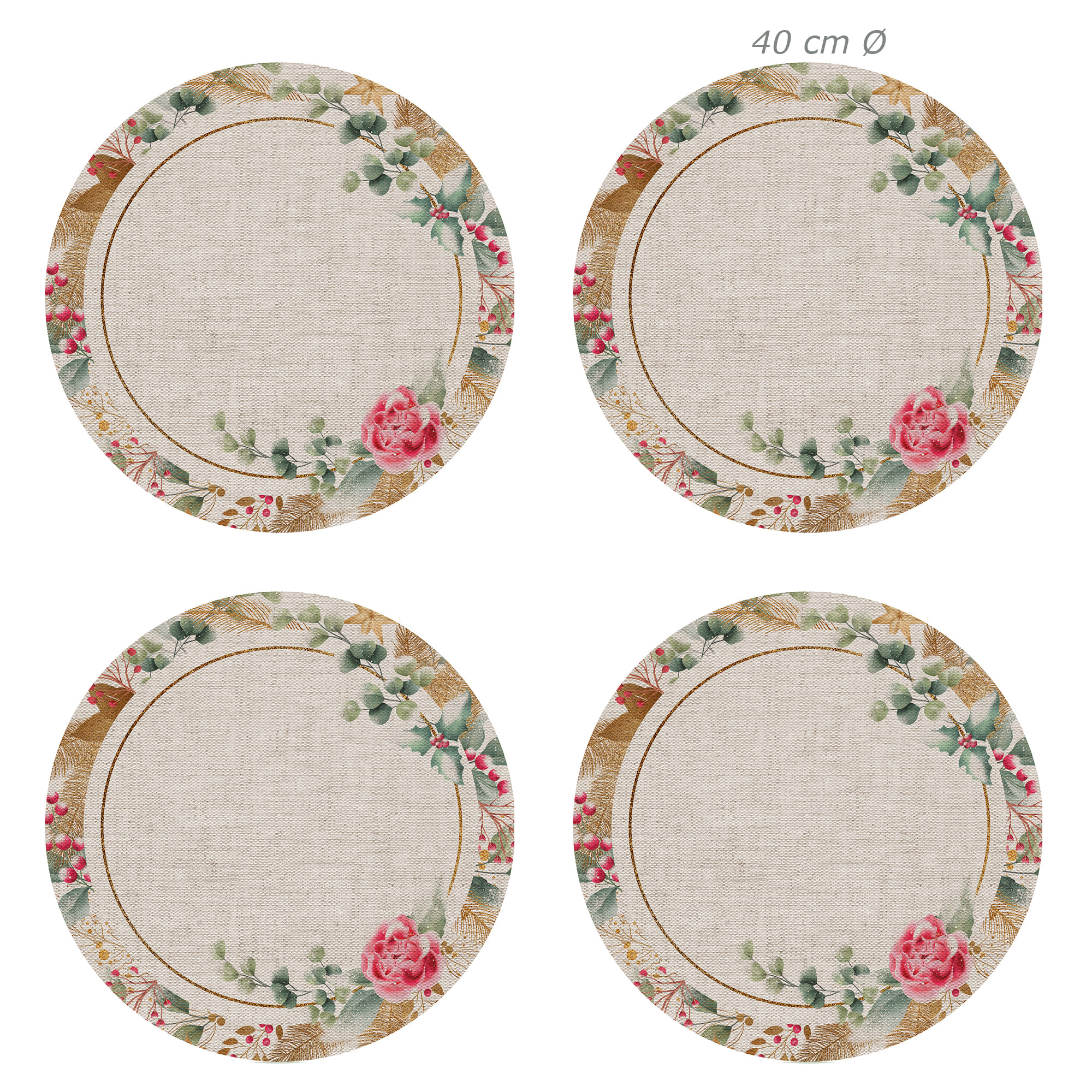 VINILIKO, set de 4 individuales de mesa Circular Corona Navideña 4u-[Diam] 40 cm