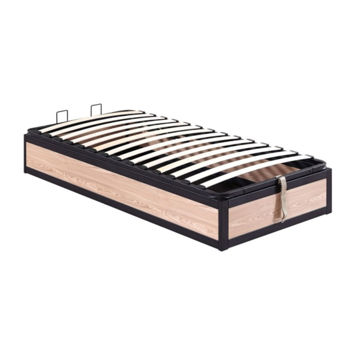 Ensemble lit coffre & matelas | Mémoire de forme, gel frais et mousse HD| Espace de Stockage jusqu'à 900 L | Robuste et Large Angle d’Ouverture | Bois et métal | Bois clair