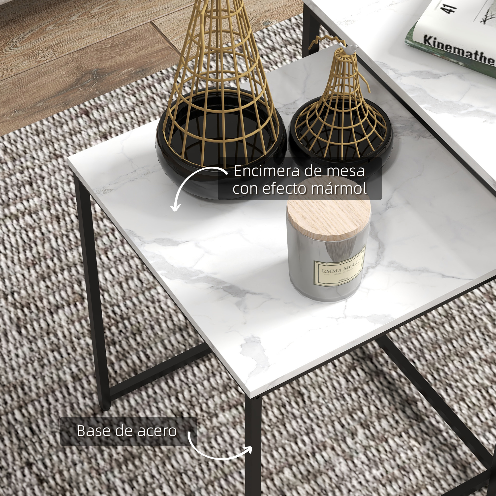 Juego de 3 Mesas Auxiliares para Salón, Mesas Nido con Efecto Mármol y Marco de Acero, Estilo Moderno, para Sala de Estar, Dormitorio, Blanco