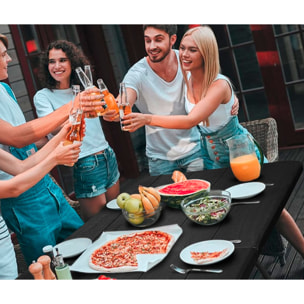 Mesa plegable multifuncional 180 x 74 x 74 cm, acabado efecto madera en negro, sobre plegable y con asa para su desplazamiento