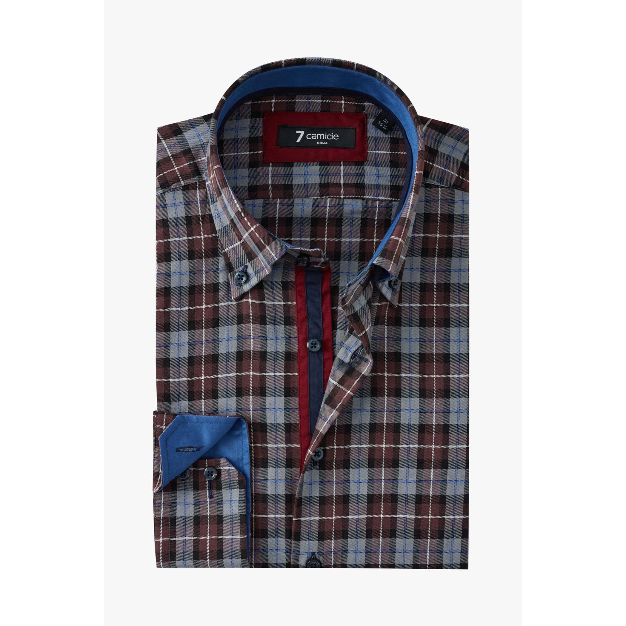 Camicia Uomo 2 Bottoni Button Down Slim Twill Quadro Grande Bordeaux/Nero