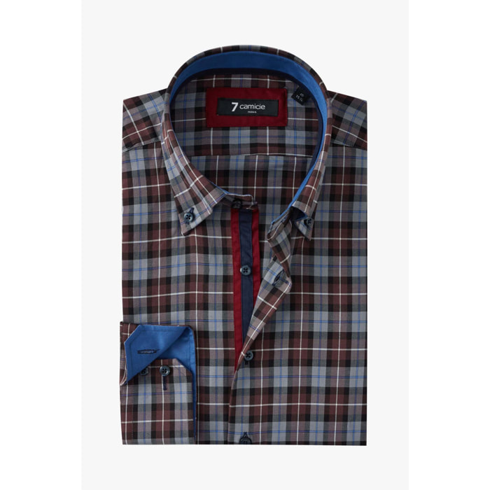 Camicia Uomo 2 Bottoni Button Down Slim Twill Quadro Grande Bordeaux/Nero