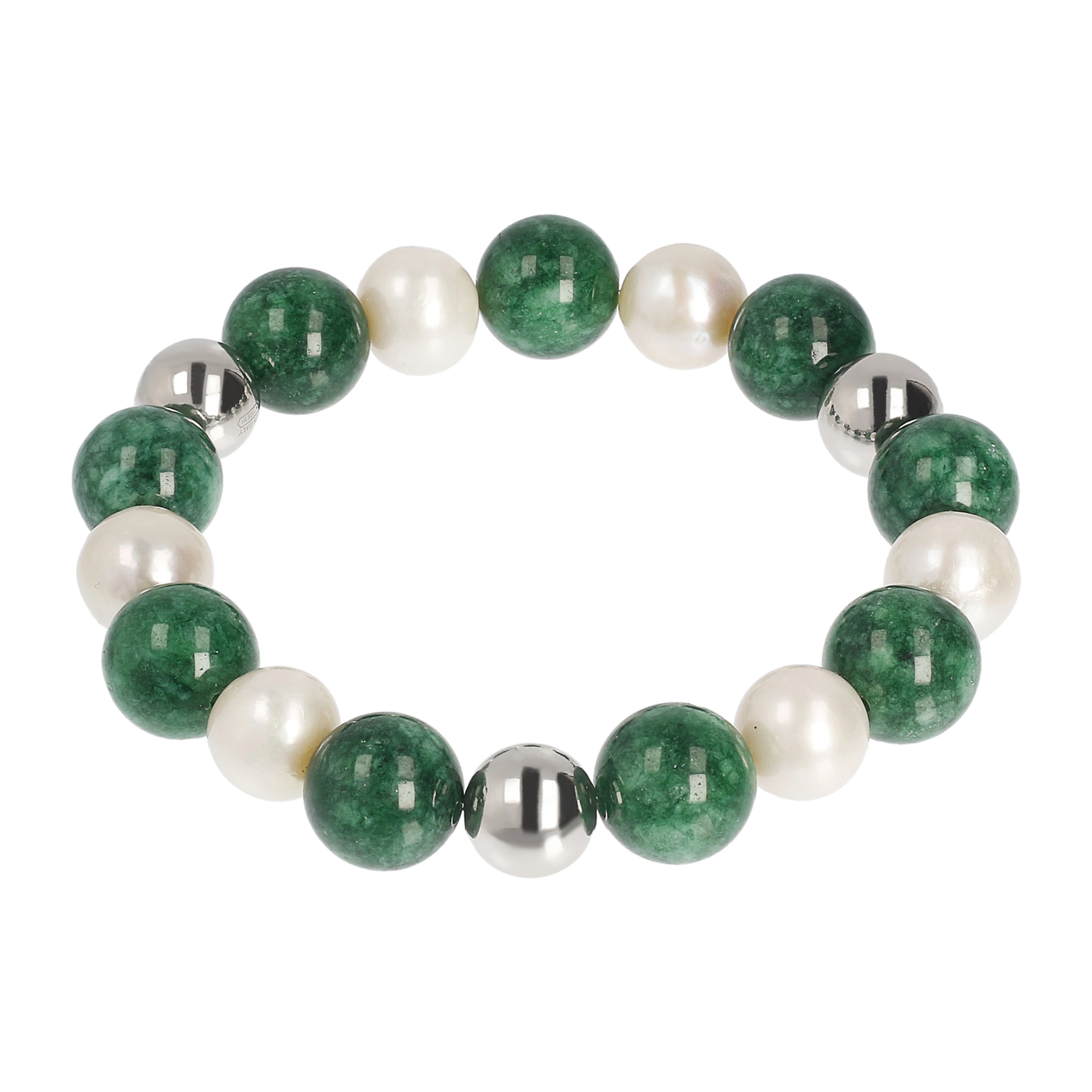 PERLAVIVA - Bracciale Elastico con Sfere, Quarzo Verde Scuro e Perle d'Acqua Dolce Bianche Ø 9/10 mm