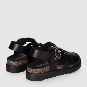 Sandalias de Piel - Negro - Tacón: Bajo