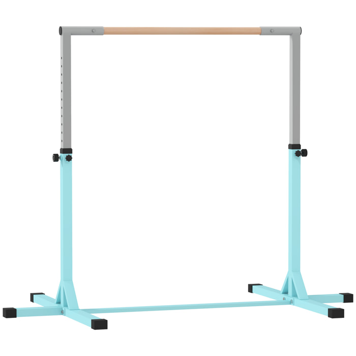 Barre fixe de gymnastique enfant - barre de gymnastique hauteur réglable 13 niveaux 92 à 150 cm - acier cyan bois massif hêtre