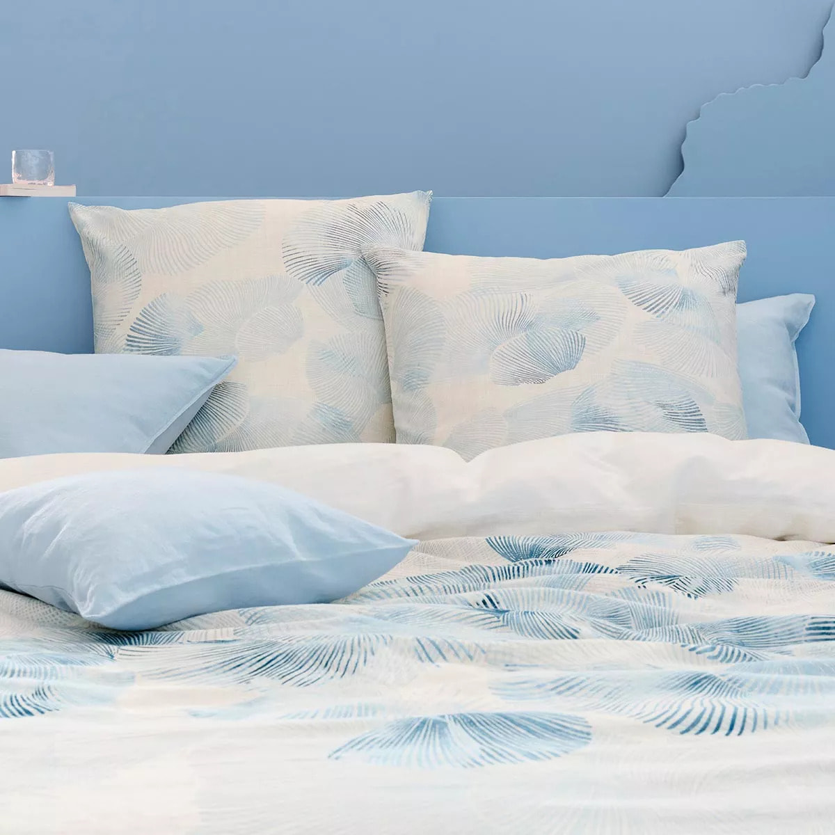 Taie d'oreiller lin & coton lavé 130 g/m² imprimé bleu beige Vagues indigo